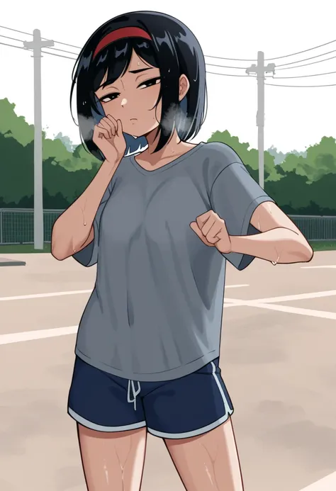 KPYoriGirl, score_9, 1girl, solo, outdoors, in school, oversized gray tshirt, blue shorts, bending ovet pose, tired, half body, sweaty, out of breath, dripping sweat, wet with sweat