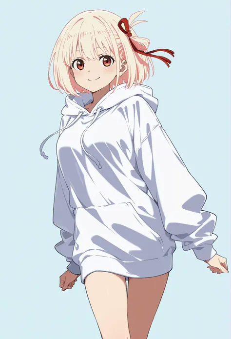 a female cartoon character stands with bare legs and a hoodie dress, 1girl, nishikigi chisato, solo, blonde hair, white hoodie, smile, short hair, hood, hoodie, red eyes, hair ribbo, ribbon, red ribbon,bangs, simple background