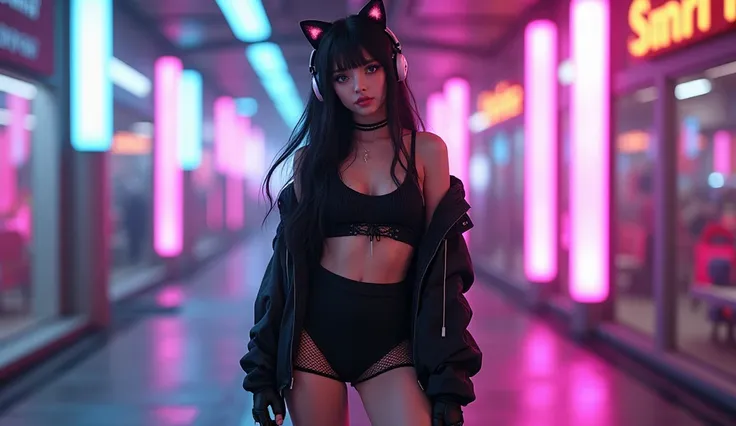  pretty cute girl ,Cute face,Rainbow eyes,fit, long hair black mattwinel ,} Put on a futuristic world dress, a black jacket ,Black skirt, mesh stockings, black boots , cat ear headphones ,stand,smile,Blinking one side  ,8k clarity , background is a future ...