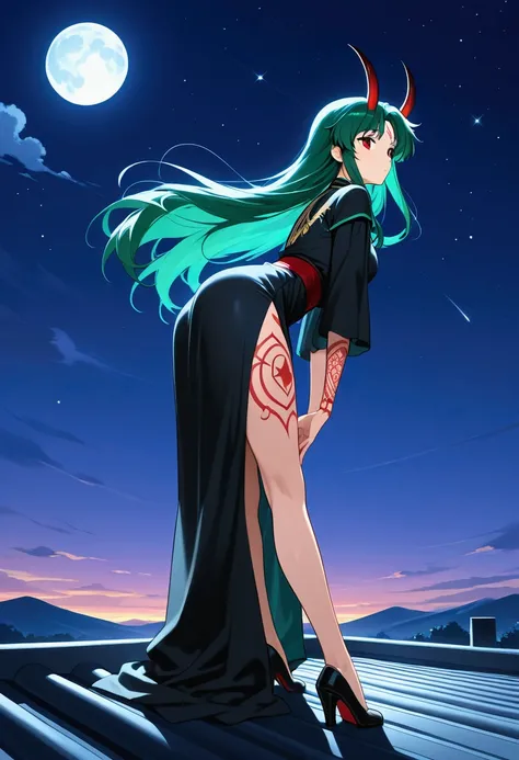 masterpiece, Night Sky, moon, Star,  1 Mysterious anime girl ,  dances to calm the souls of the deceased. Emotional. Red Eye, Green long hair, Color skin, Devil Horns,  lots of tattoos ,  Detailed Beautiful Face ,  golden ratio body , Flexible,  black robe...