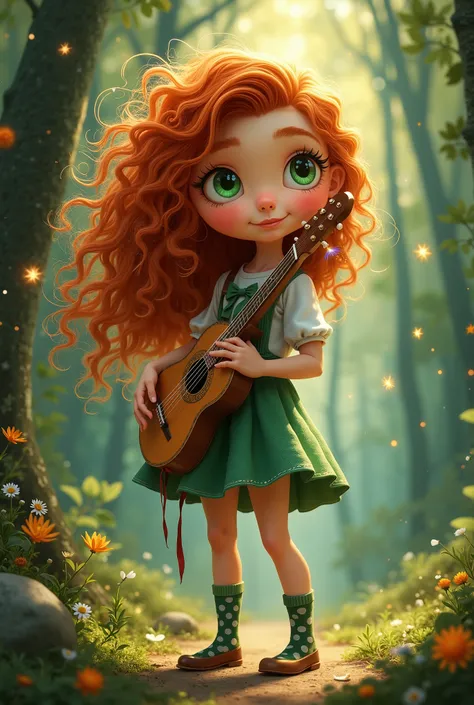 Portrait of Luna Brightwood,  girl with wild curly auburn hair and bright green eyes, wearing mismatched socks. Shes holding an enchanted musical instrument, standing in a magical forest with sparkling starlight around her. Whimsical, storybook illustratio...