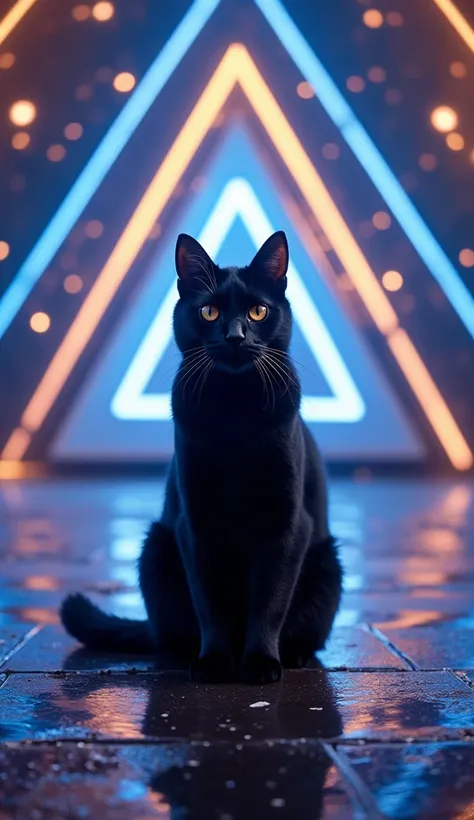 Design a grand stage setup resembling a talent show, featuring Black cat standing  at the center. The stage is illuminated with vibrant blue and golden lights, forming triangular patterns in the background. The floor is glossy and reflective.The cat  exudi...