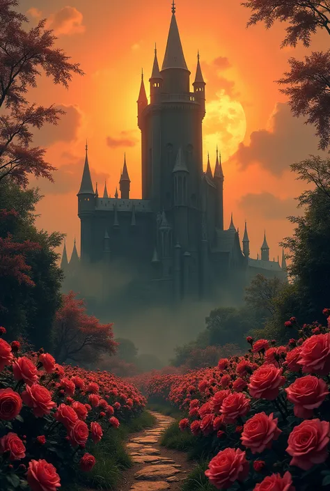 A roses garden and in the middle a dark tower black, the sky is orange 