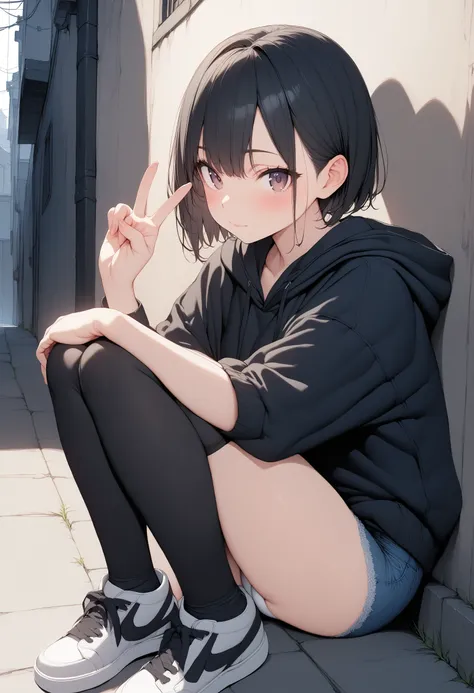 Masterpiece, ultra detailed, 8k, best quality, Back Alley, novel illustration, 18 years old, 1girl,  plain black hoodie,  denim miniskirt, black long thighhighs, sneakers, panties, sit with your knees up, lean against the wall, double V,  black hair, Short...