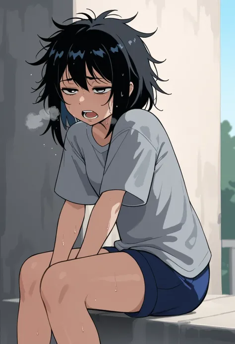 KPYoriGirl, score_9, 1girl, solo, outdoors, in school, oversized gray tshirt, blue shorts, bending ovet pose, tired, half body, sweaty, out of breath, dripping sweat, wet with sweat, open mouth, hands on knees soaked with sweat on shirt, messy hair