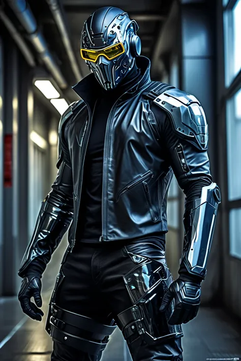 an incredible cyberpunk man, full face battle mask, leon light with black jacket, (High, HDR:1.2), and a left cybernetic arm, ((scientific fiction, Futuristic)), fullbody, black latex jacket