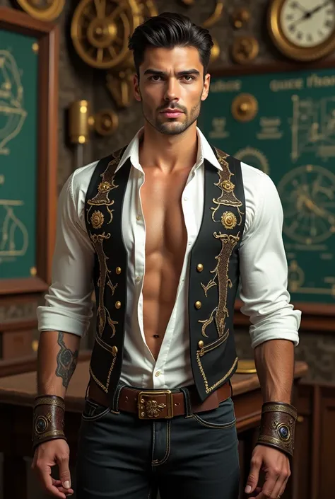 steampunk professor in a clockwork classroom: In a clockwork classroom with brass-adorned chalkboards, moving gears, and complex diagrams, At all, slender young man with a well-defined, muscular physique stands out as a charismatic professor. His face is f...