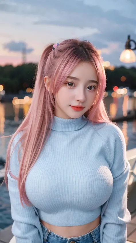 Gorgeus Girl, Beautiful, Baby Face, 20 Years Old, White Skin, Cleavage, Colossal Breasts, Side Pose, Outfit Straps, Crop Turtleneck Top, Mini Shirt, Blue Eye, Muscles, Bokeh, Modern Place Background, Masterpiece, Fullbody Shot, Straight Pink Hair