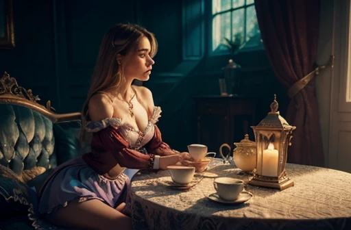  Alice in Wonderland as an Adult , ( High Quality , 4K, 8k,  high definition ,   masterpieces during breakfast :1.2),  very detailed, ( realistic , photo realistic , photo- realistic :1.37),  high definition , ultra high definition , (( Full Body Wide Shot...