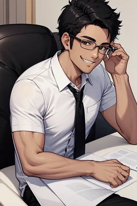 man, shaved beard, basic body, white shirt, black pants, rolled up sleeves, glasses, tanned skin, short black hair, smiling