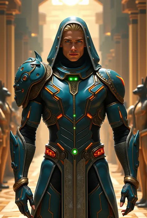  hyperrealism . High,  beautiful , man, height 190,  he has high-tech space armor, elegant,  futuristic armor , alien, Pharaoh, тёмно-blue матовые с яркими зелёными светодиодами,  detailed , many protective plates ,  show armor docking ,  orange , blue, re...