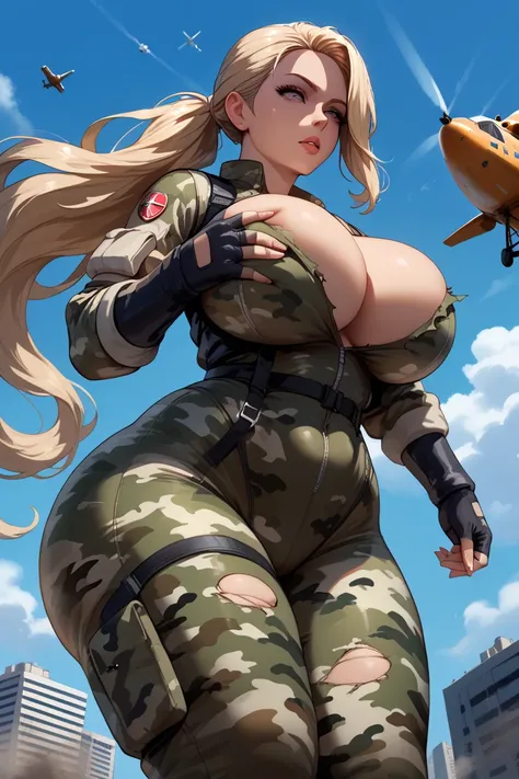 solo,  super huge breasts, super huge ass , high definition ,  High Quality , Super Gigantic , Destroyed City , camouflage suit,Torn clothes, Helicopter,Destroy a military aircraft,Self-Defense Forces,Blonde, Tying up hair,  long hair,  facing the front , ...