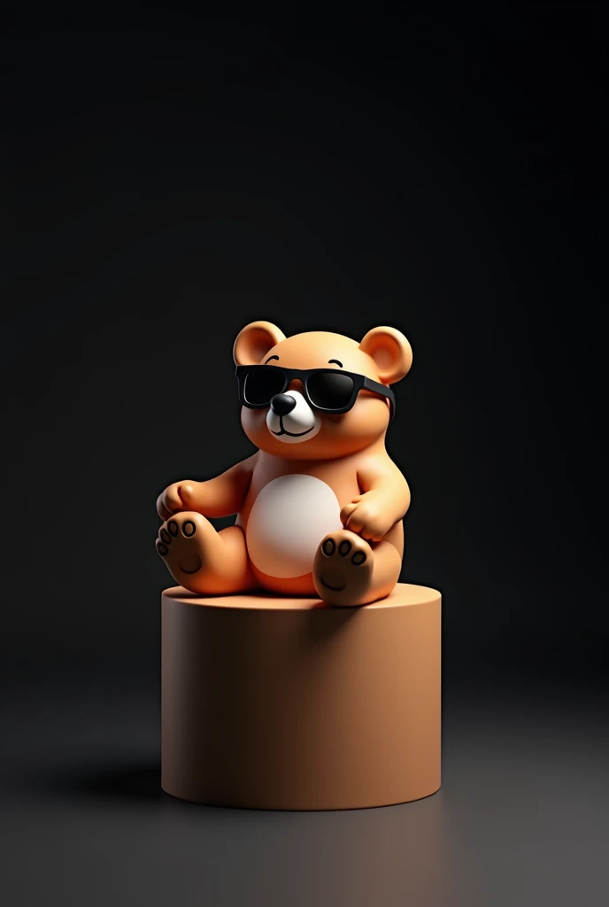  a brown cartoon bear with sunglasses，Lie on a cylinder， black background，Cross your legs，