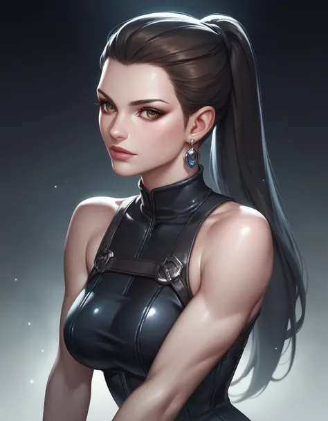 female black sleeveless leather turtleneck catsuit, bare shoulders, racerback, bare toned arms, beautiful faces, black ponytail with showing forehead, long ponytail, earrings, soft smooth skin, pale skin, black background, brown eyes, sci-fi, assassin, evi...