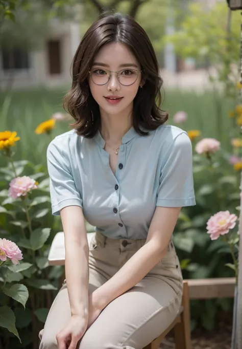  masterpiece ,  anatomically correct ,  high resolution ,  best quality,  high-profile room, One woman, dark brown hair, natural curls ,  Blouse, smile, Open mouth, Wear glasses,  wearing a white short-sleeved T-shirt with covered denim outerwear
, Trouser...