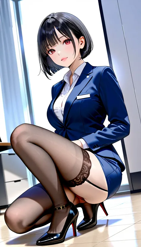  Realistic Pictures、 realistic skin、Realistic clothes、Professional photography、Office lady suit、 tight miniskirt 、 stockings 、 squat、 black hair、 bob cut 、 red panties 