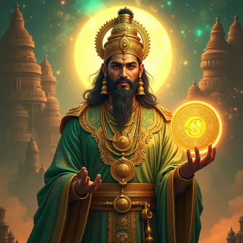 (Lucky Baskar:1.4), (a mythical figure embodying fortune and resilience:1.3), (a majestic aura radiating luck and prosperity:1.4), (golden and emerald hues woven into intricate patterns:1.3), (elegant traditional attire with modern accents:1.4), (a glowing...