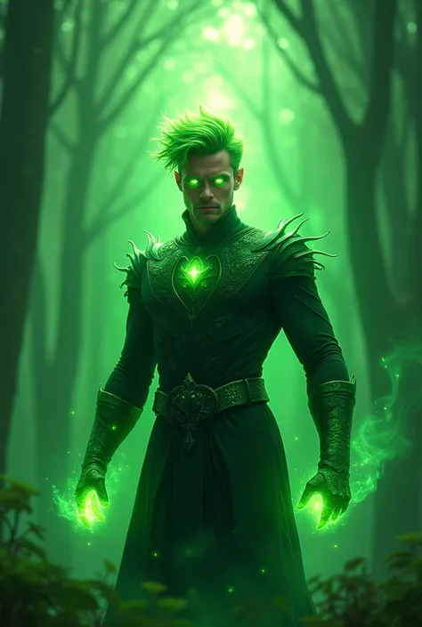 Man with green hair dark green clothes light green eyes with super powers green sky green background a green forest 