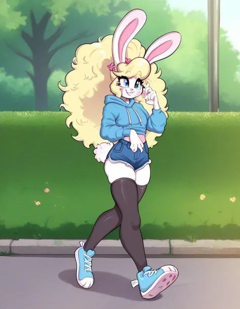 outdoors,detailed background,park,
Cupcak8,1girl,solo,blonde hair,long hair,blue eyes,animal ears,furry,rabbit ears,furry female,rabbit girl,rabbit tail,makeup,
full body,seductive smile,walking, 
denim shorts,black t-shirt,black thighhighs, blue shoes, bl...