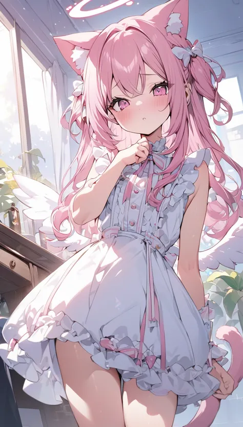 masterpiece,best quality,ultra detailed, hyper small and clean characters in hyper cute anime style illustration, one girlish-boy,pink hair,long hair,cat ears,cat tail,angel wing,halo, angel frilly dress,