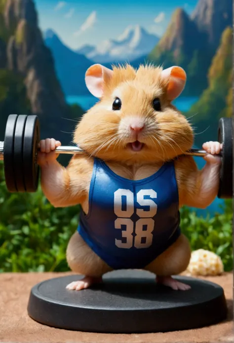 A cute hamster of burly stature becomes a bodybuilding athlete