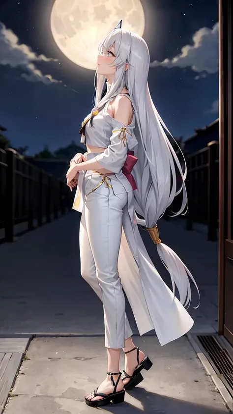  long silver hair 、  tension as the inner color for long hair, yellow eyes , Moonlight、 moonlight、、、, full body composition from head to toe、Chuckle、Older sister、Sexy Fashion、blouse、Belly button exposed、Tapered trousers、Night Beauty、A fearless face、Yamato ...