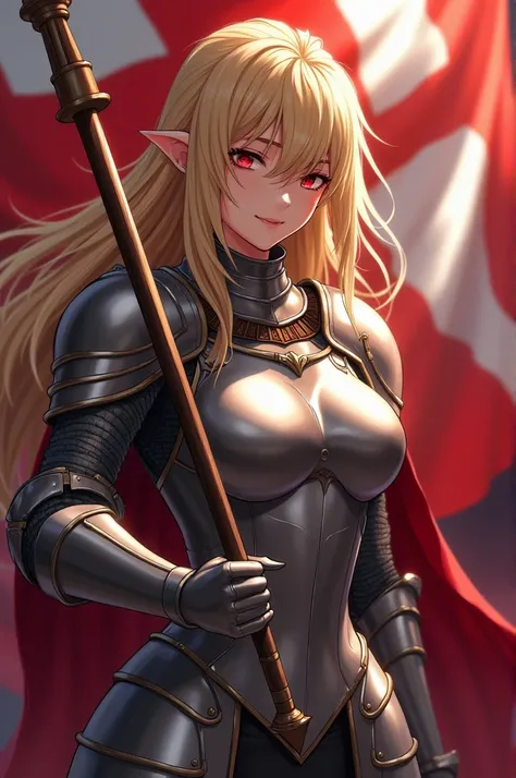 Jeanne d arc from fate grand order with an ahegou face holding a flag of Orleans wearing a full armour like in fate grand order.
She is masturbating while using her flag by rubbing it on her pussy making her wet by holding the flag infront of her