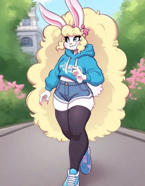 outdoors,detailed background,park,
Cupcak8,1girl,solo,blonde hair,long hair,blue eyes,animal ears,furry,rabbit ears,furry female,rabbit girl,rabbit tail,makeup,
Half body,seductive smile,walking, 
denim shorts,black t-shirt,black thighhighs, blue shoes, bl...