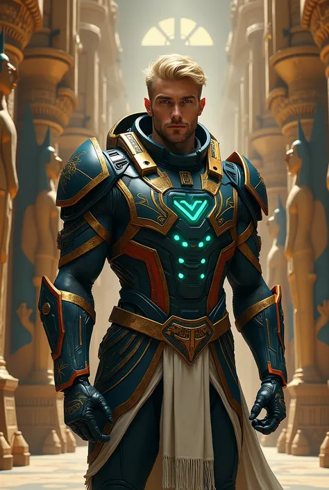  hyperrealism . High,  beautiful , man, height 190,  he has high-tech space armor, elegant,  futuristic armor , alien, Pharaoh, тёмно-blue матовые с яркими зелёными светодиодами,  detailed , many protective plates ,  show armor docking ,  orange , blue, re...