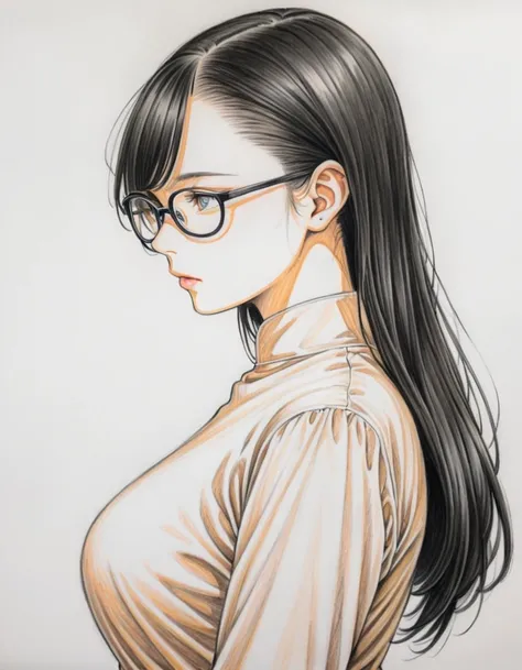  1 Woman , Age 30, Alone, thin, slender, ( huge breasts), nape undercut, Bedhead, Butchoukami , thin, slender, (((Glasses))),   Long Sleeve Blouse  ,  sexy pencil skirt,  standing, art, Colored pencil drawing, draft, White background,  Portraits