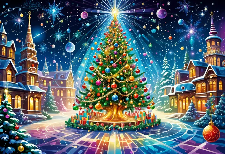 a painting of a   Christmas tree  with many ornaments hanging from it, Magic Tree,   Christmas tree , Space Tree,  Vector art by  ,  complex sparkling atmosphere , Magic Tree,  Sparkling Multidimensional Ornaments ,  official artwork,   intricate and color...