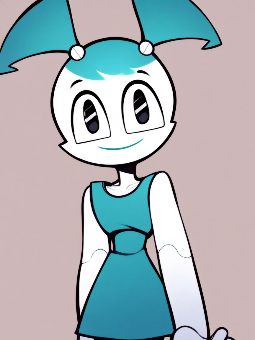 Jenny, 1girl, robot, solo, blue dress, collarbone, blue hair, smile, black eyes, looking at viewer, standing, twintails looking at viewer, looking at viewer, score_9, score_8_up, score_7_up, score_6_up, score_5_up, score_4_up,  