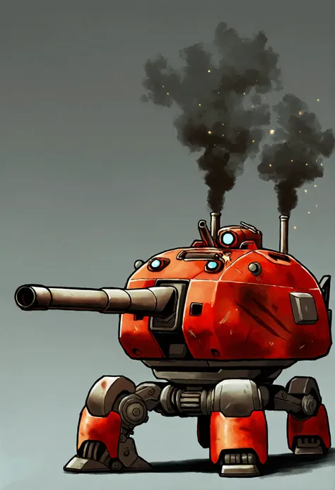 danger,turret,Combat Robot, simple background ,metal texturing, ultra detailed ,combat marks , red cannons and emitting smoke, hot atmosphere ,smoke and dust ,particles,gunshot ,Hot to the red hot