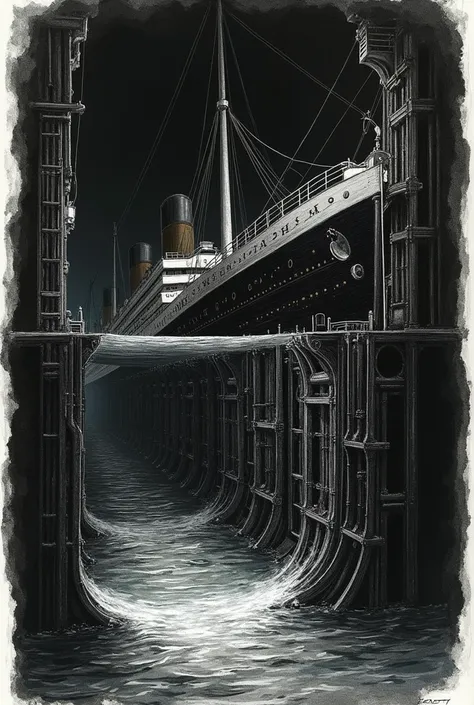 Une vue transversale montrant les compartiments avant du Titanic se remplissant progressivement deau. (style dessin brouillon vintage en noir et blanc