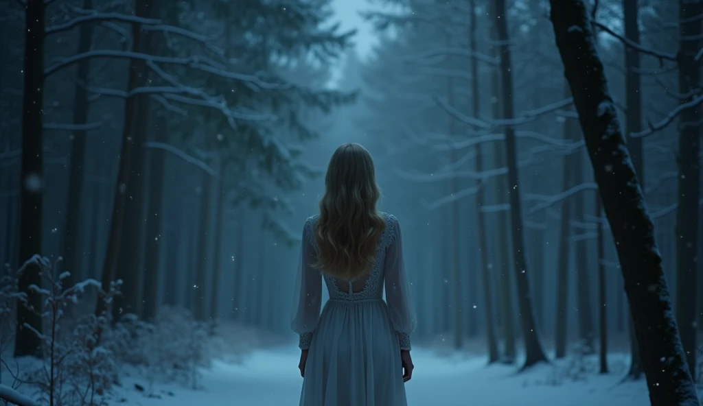 The whole place is filled with deep dark blue light,  in the woods,  snowflakes are falling  ,  in the woodsのレストランに座っている,  Russian woman is looking up  , One supermodel  ,  blonde long hair,  perfect proportions,  is wearing a long white, sheer long sleeve...