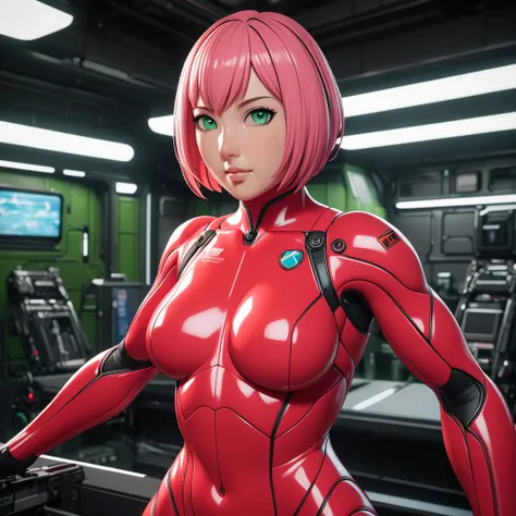 Masterpiece, High Resolution, Anatomically Correct, Best Quality, Super Detailed, Textured Skin, bright pink hair, mint green eyes, fairly curvaceous figure, peach skin, Breasts, Short Hair, Unreal Engine, red plugsuit