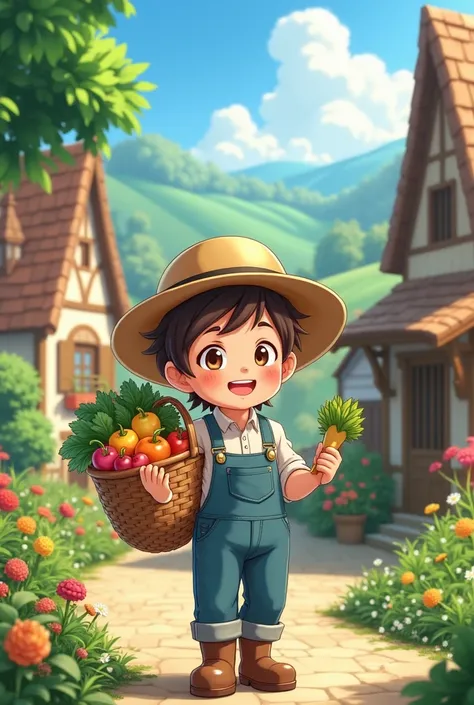 cheerful farmer in his hand a basket of fruits and vegetables in an anime art style village