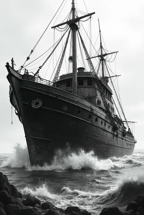 black and white : The ship leaning forward ,  with water seeping through the holes in the anchor chains.