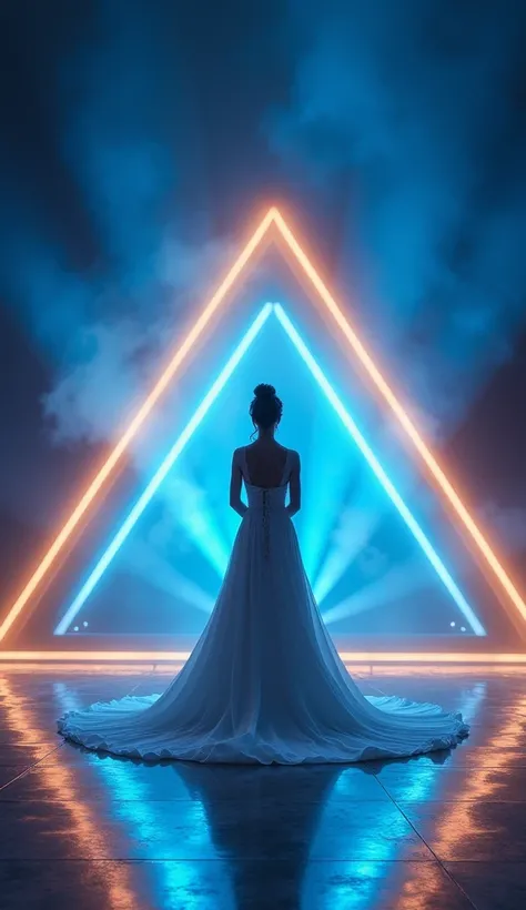 A graceful woman in a flowing white gown stands on a dimly lit stage, her hair elegantly styled.The stage is illuminated with vibrant blue and golden lights, forming triangular patterns in the background. The floor is glossy and reflective.The atmosphere i...