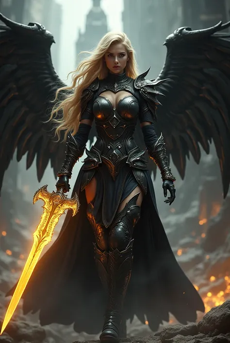 This high-quality digital artwork depicts a fierce, armored female warrior angel with long, flowing golden hair, holding an intricate glowing, runed  yellow long sword. She has large, black wings and is clad in intricately designed, dark metal armor that c...