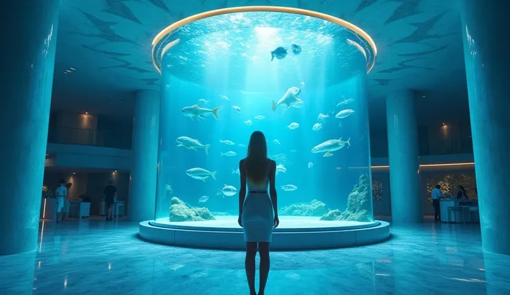 that&#39; Full of deep blue light , Majestic,  modern aquarium ice colored interior , Theres a huge fish tank in front of me ,  blonde long hair, One elegant Russian woman ,  wear a white tight long dress,  side angle, 3d,  super detailed,  amazing,  reali...