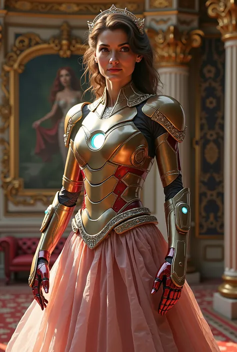 A Disney princess dressed as Iron Man with her helmet on but the visor raised to show her beautiful face.