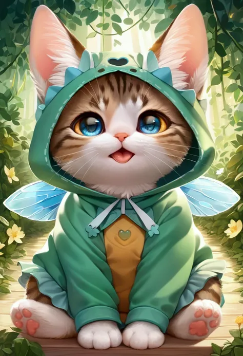 Anime illustration style, cat in cute cat costume, silly expression, This is cute fantasy art that looks like a fairy tale picture book, ultra detailed, absolutely resolution, masterpiece