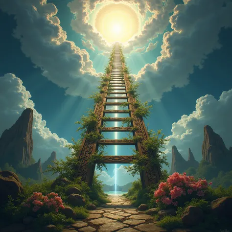 Create background with ladder from earth to heaven with biblical patterns