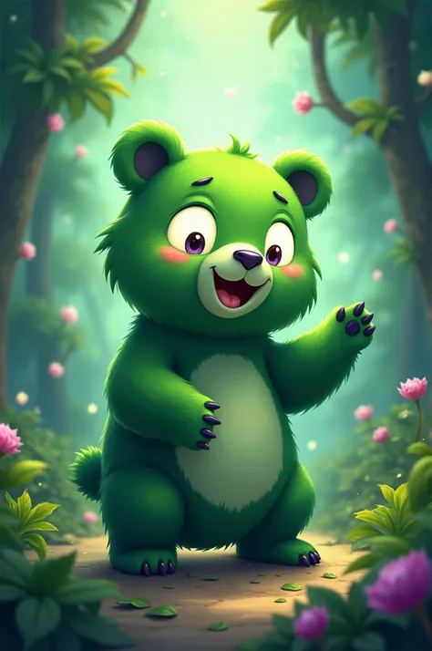 Cartoon style: a green bear with purple with powers of nature and with glowing white eyes