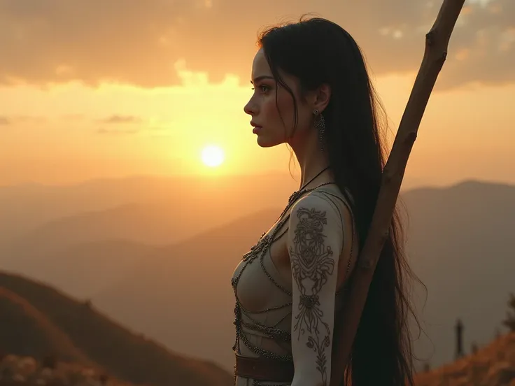 a man with the following traits, high, long black hair,  white skin ,  heavenly eyes , She is approximately 22 years old and has scars all over her body, is holding a staff looking at the horizon 