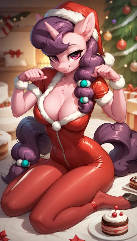 score_9, score_8_up, score_7_up, Sugar Belle, mlp, anthro, 1girl, beautiful eyes, solo, tight body suit pantyhose, soft breasts, cleavage, jewellery, 1girl, solo, Christmas clothes, sexy legs, hooves, sit pose, legs together, perfect legs, In half a turn, ...