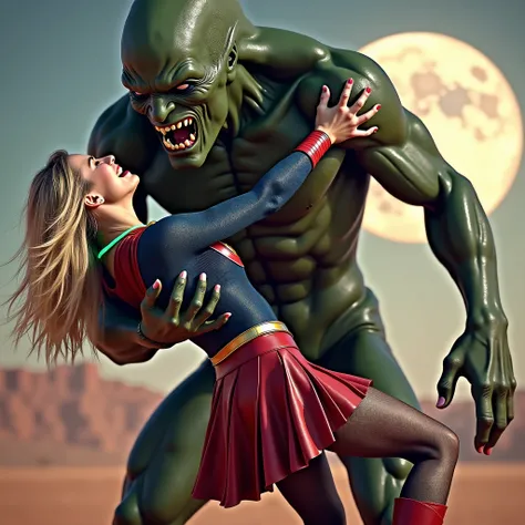 Melissa Benoist as Supergirl, face of Melissa Benoist, very bright white skin, Supergirl is fighting and defeating by a huge body fierce Alien Monster, It is standing in front of her, the Alien Monster seize her body tightly, can see whole body, Supergirl ...