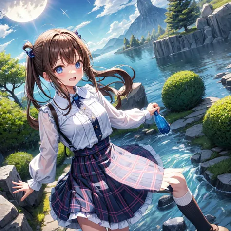 Chestnut Hair、 blue eyes、 has hair tied、Two cute、 plaid mini skirt、 BLACK T-SHIRT、 Long Sleeve 、 dress、 striped high socks sprinkling water、Teeth are visible、lawn、The stone is cracked、Uneven ground、The road is curved、tree、Mountain々、vermilion box、diagonal、 ...