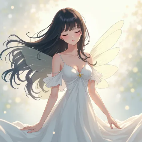 Anime, girl close her eyes, long black hair, wearing white colour long full gwon dress, adult body, breasts. Looking like a fairy.